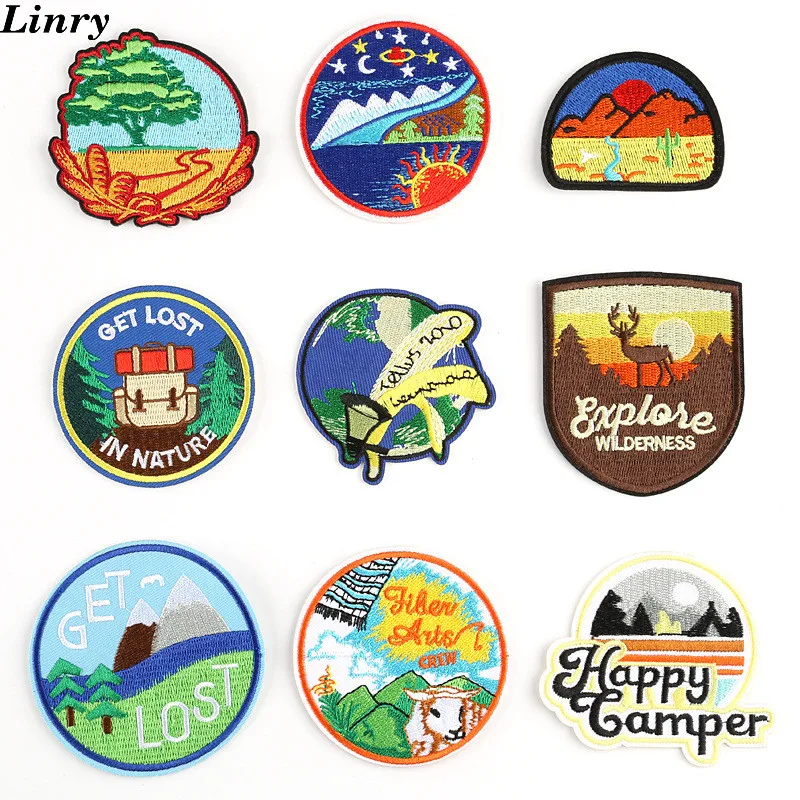 

Nature Scenery Moon Sun Cow Hill Happy Camper Embroidered Patch Iron On Patches For Clothes Trousers DIY Stripes Cool Stickers