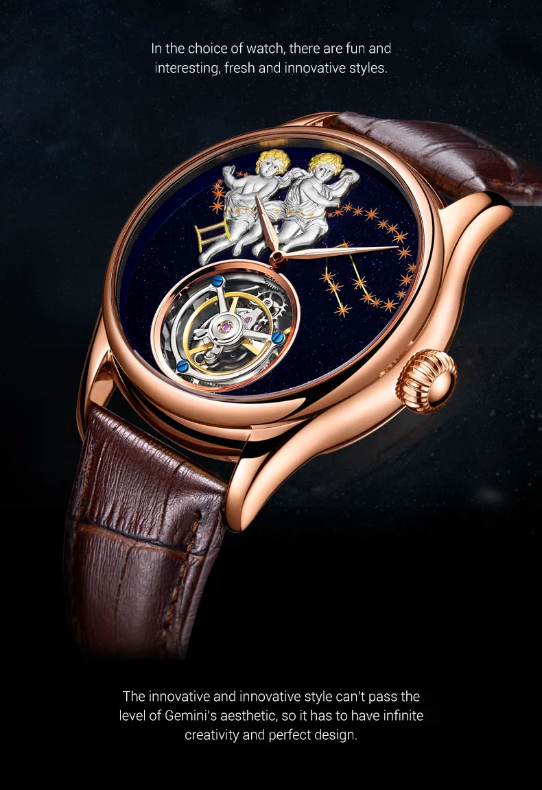 Настоящие Tourbillon, мужские часы, сапфировые близнецы, водонепроницаемые часы со знаком зодиака, мужские механические наручные часы с Tourbillon, 7014G