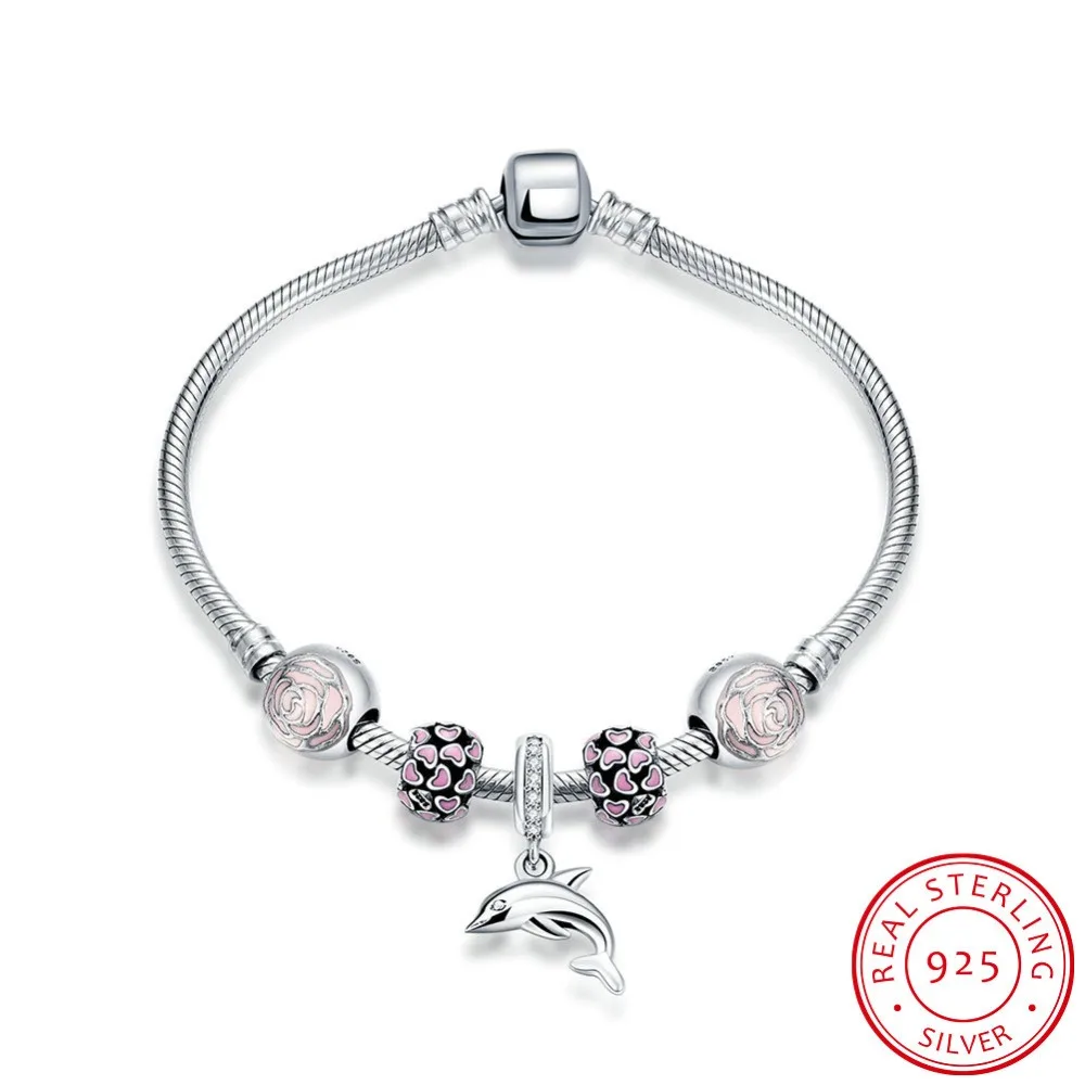 

925 Sterling Silver Bracelets for Women 2016 Jewelry Bead Bracelet Bangle with Fish Dolphin Charm Pendant for Bracelet Femme