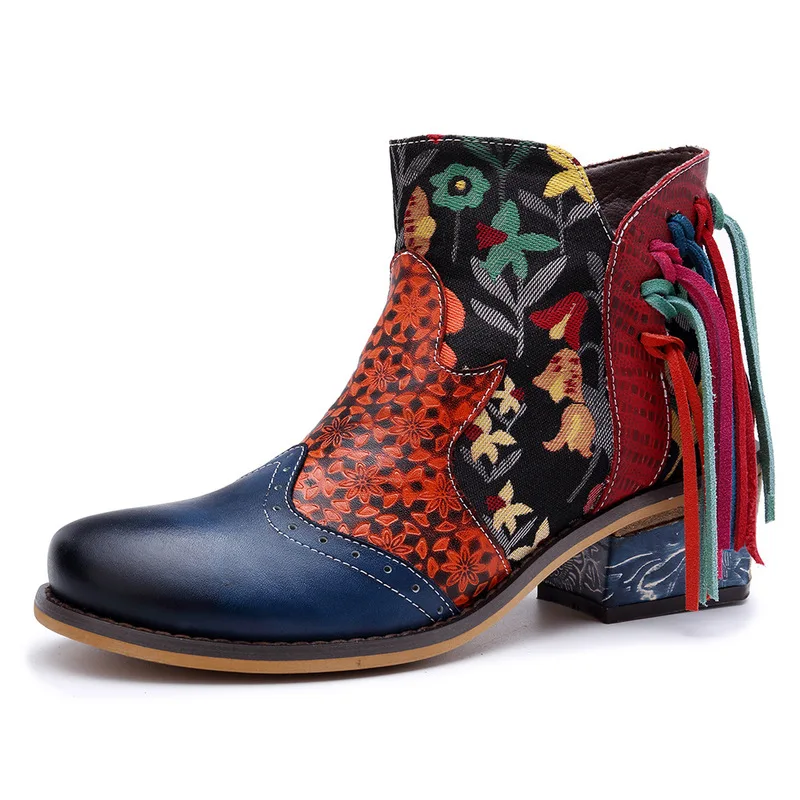 

Vintage Bohemian Ankle Boots Women Shoes Genuine Leather Retro Printed Zip Block High Heels Ladies Shoes Boats Mujer