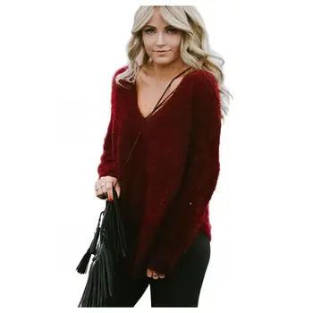 

Sexy Deep V Neck Backless Knitted Pullover Women Casual Winter Knitwear Elegant Elastic Long Sleeve Autumn Soft Sweater