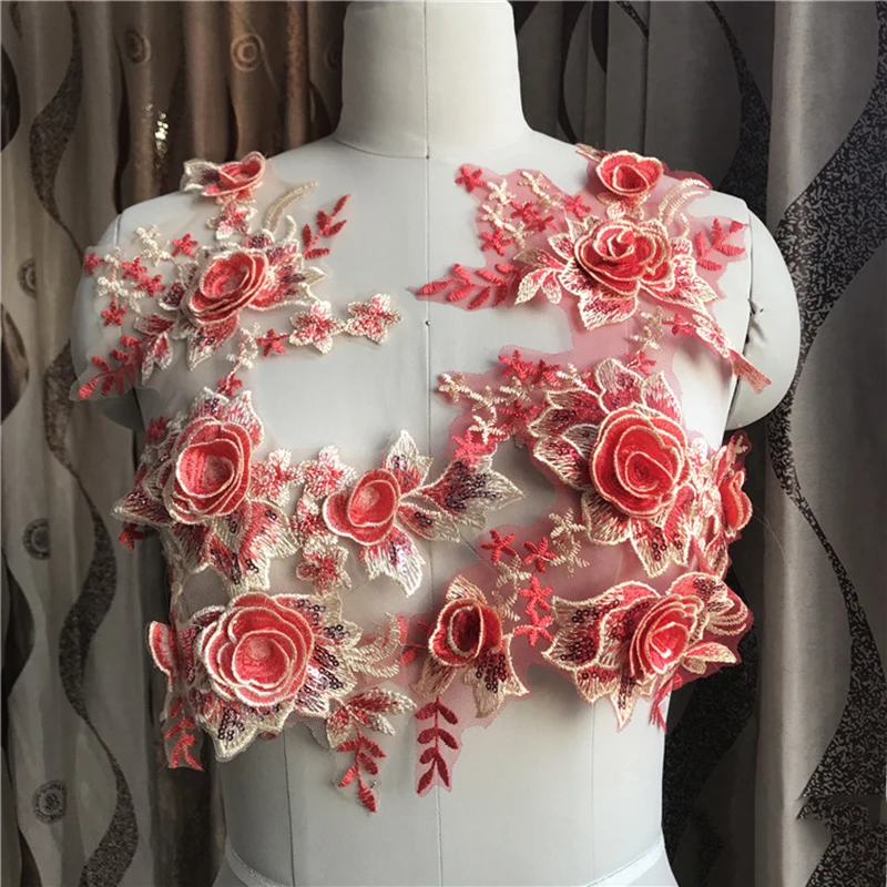 

2 Pieces Floral Lace Applique Beautiful Fabric Lace Trim Embroidery Laces Appliques For Wedding Dress Red Yellow Purple Color