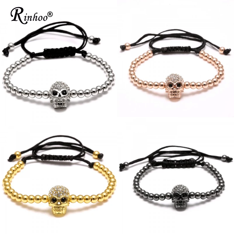 

Rinhoo Handmade Beads Skull Head Braided Macrame Charm Wrap Cord Beaded Bracelet Bangles Adjustable Rope Jewelry For Men Women