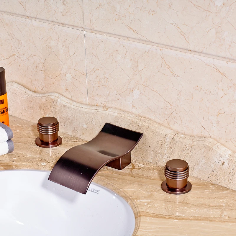 

Wholesale and Retail Oil Rubbed Bronze Deck Mounted Bathroom Sink Faucet Widespread 3pcs Mixer Tap