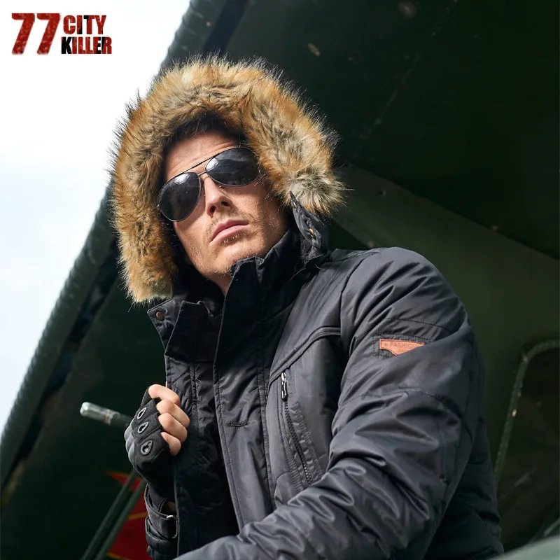 

77City Killer Bomber Man Parkas Jacket Winter Pilot Multi-Pocket Removable Fur Army Thicken Windproof Warmer Coat Plus Size 4XL