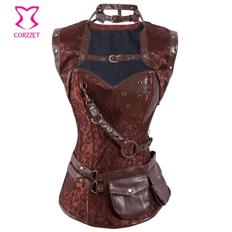 Brown Brocade Bustier Leather Pouch Belt Steampunk Corset Jacket Sexy Gothic Clothing Corsets