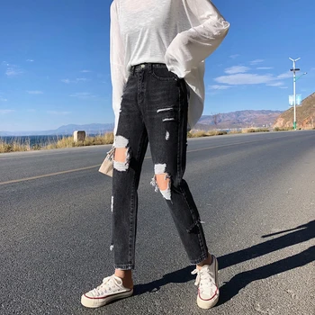 

Cool Hole Jeans Woman 2019 Spring Summer New Long Jeans Women Streetwear High Waist Straight Black Blue Denim Pants For Women