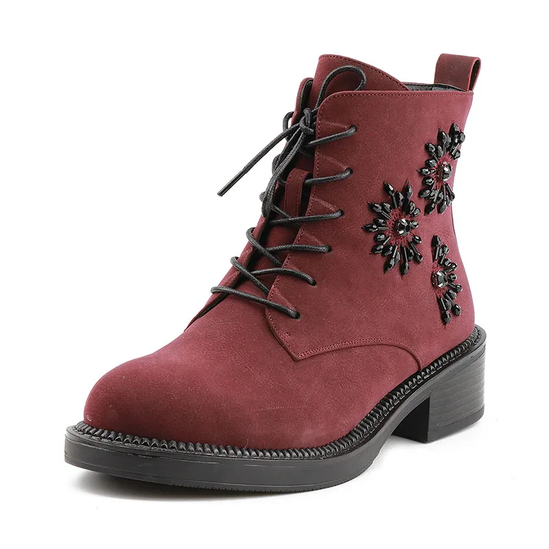 

ALLEN Brand New Fashion Cross Tied Zip Crystal Wide Heels Shoes Woman Casual Party Office Spring Autumn Ankle Boots