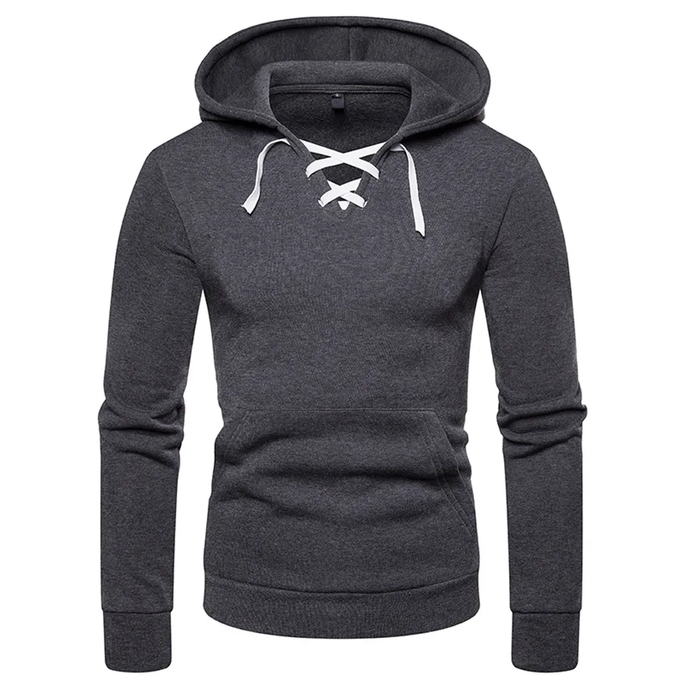 Hoodie Men Sweatshirt Shoelace Splicing Pullover Long Sleeve Hooded Sweatshirt Tops Pure Color Mens Hoodies And Sweatshirts