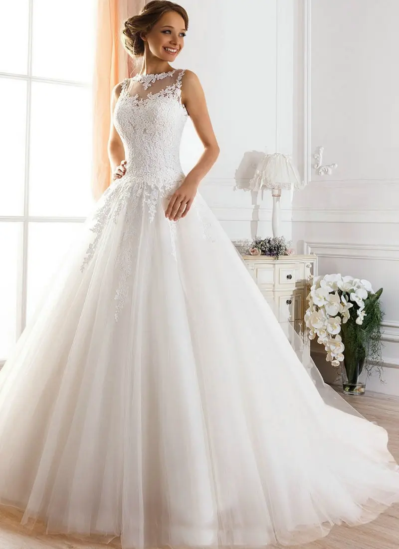 A Line with Illusion Neckline Wedding Dress