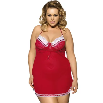 

HOT New Hot M-5XL Large Size Women Sexy Lingerie Nightdress Fat MM Perspective Red Backless Pajamas + G-string 3 Colours R70156