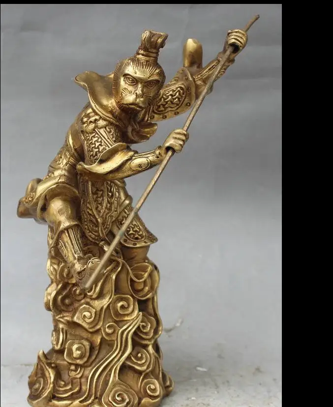 

6711159139++9" Chinese Brass Myth Handsome Monkey King Sun WuKong Hold Golden Cudgel Statue