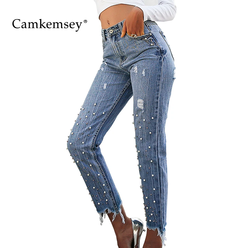 CamKemsey Бахрома Кисточкой рваные джинсы для женщин весна осень высокая талия жемчуг бисером потертые джинсы женские синие джинсовые брюки