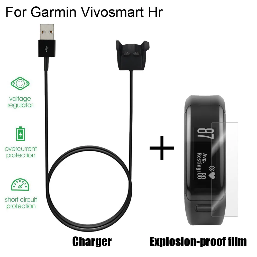 HIPERDEAL дополнительный usb зарядный кабель для Garmin VIvosmart HR/HR+ Группа gps часы с защитой Взрывозащищенная пленка для экрана BAY15 - Цвет: Черный