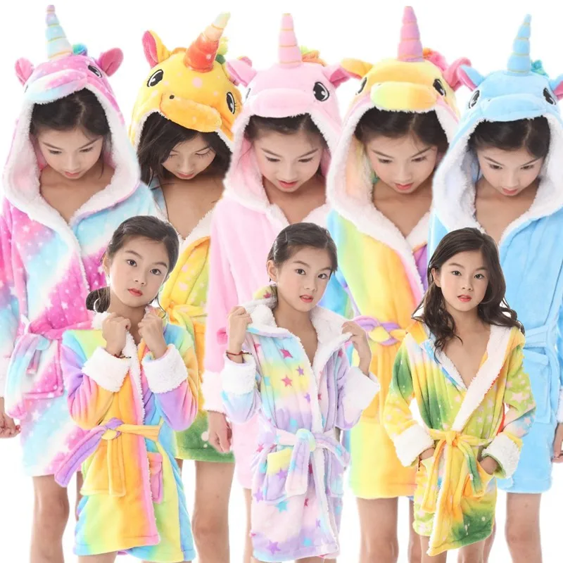 Baby Animal  Boys Girls Unicorn Bathrobe  Children Flannel Hooded Towel Robe Winter Sweet Warm Kids Sleepwear for 3 5 7 9 Years