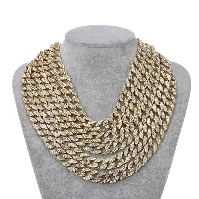 Iced Out Bling Rhinestone Gold Silver Miami Curb 16 MM Cuban Link Chain Necklace Men's Hip Hop Necklace Jewelry 16/18/20/24 Inch