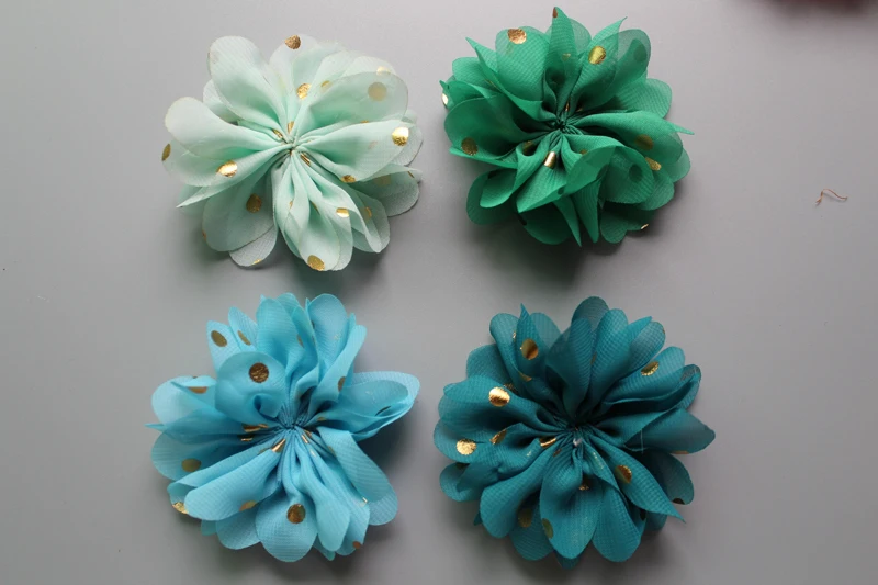 

30ps/lot new arrival 24colors 8cm Gold Stamp Dots Chiffon Flowers Without clip Flat Back DIY Flower For girl hair accessories