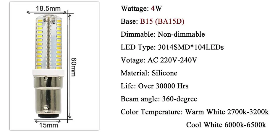 YOTOOS светодиодный светильник B15 BA15D светодиодный лампочка 220 В 230 в 240 в мини-лампа 3014 2835 SMD силиконовый светодиодный лампочка Кукуруза Замена домашнего освещения