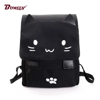 

Backpack Women Canvas Big Black School Bags for Teenagers Girls Book Bag Embroidery Printing Back Bag Cat Cute Rucksack Bookbag