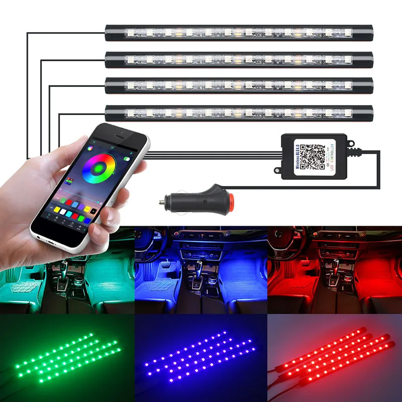 4PCS Car LED Strips Decorative Lamps Flexible RGB Phone APP RF Remote