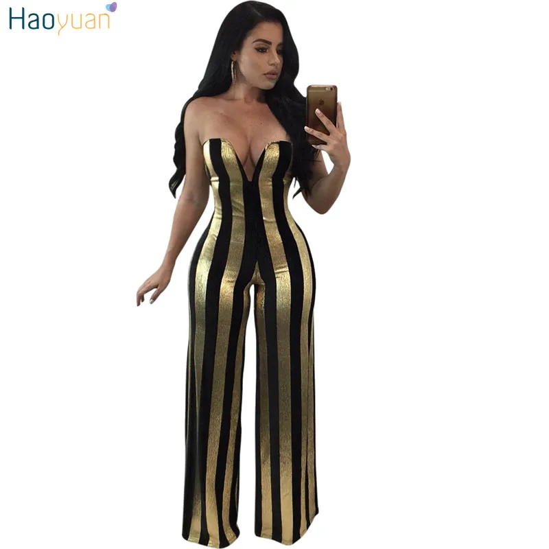 HAOYUAN Gold Balck Striped Rompers Womens Jumpsuit Elegant Off Shoulder Sexy Bodysuit Party Overalls Female Wide Leg Jumpsuits