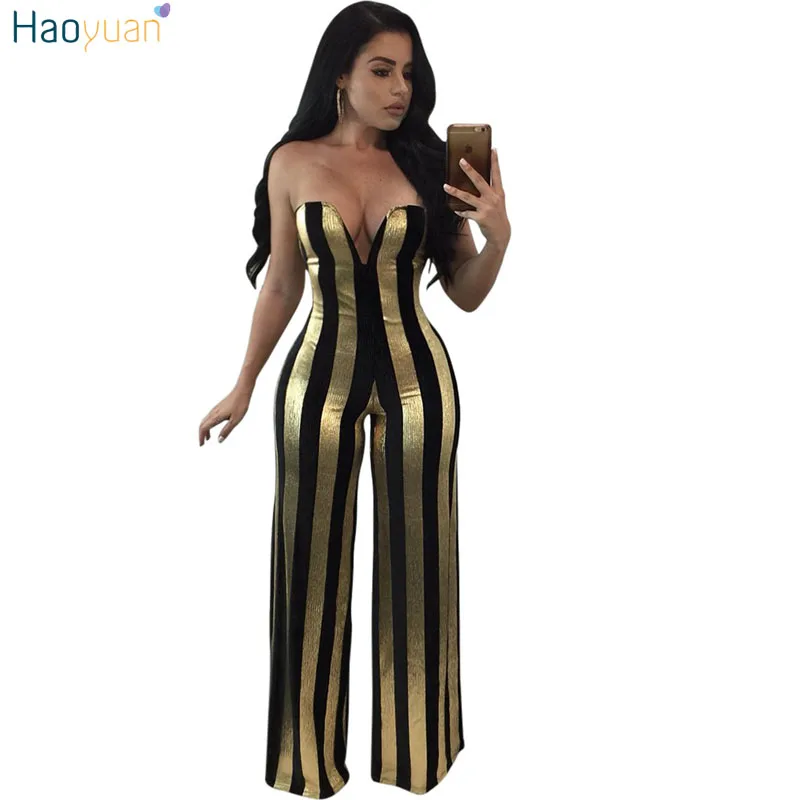 HAOYUAN Gold Balck Striped Rompers Womens Jumpsuit Elegant Off Shoulder Sexy Bodysuit Party Overalls Female Wide Leg Jumpsuits HAOYUAN Gold Balck Striped Rompers Womens Jumpsuit Elegant Off Shoulder Sexy Bodysuit Party Overalls Female Wide Leg Jumpsuits