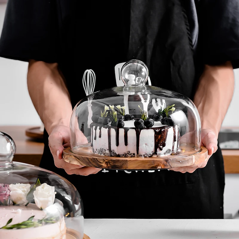 

Creative Cake turntable Wooden pallets glass cover Snack bread tray Dessert display stand Silk turntable Kitchen decoration