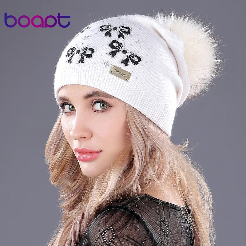 

[boapt] bow knitted cashmere caps natural genuine raccoon fur pompons cotton soft women winter hats female gorros caps beanies