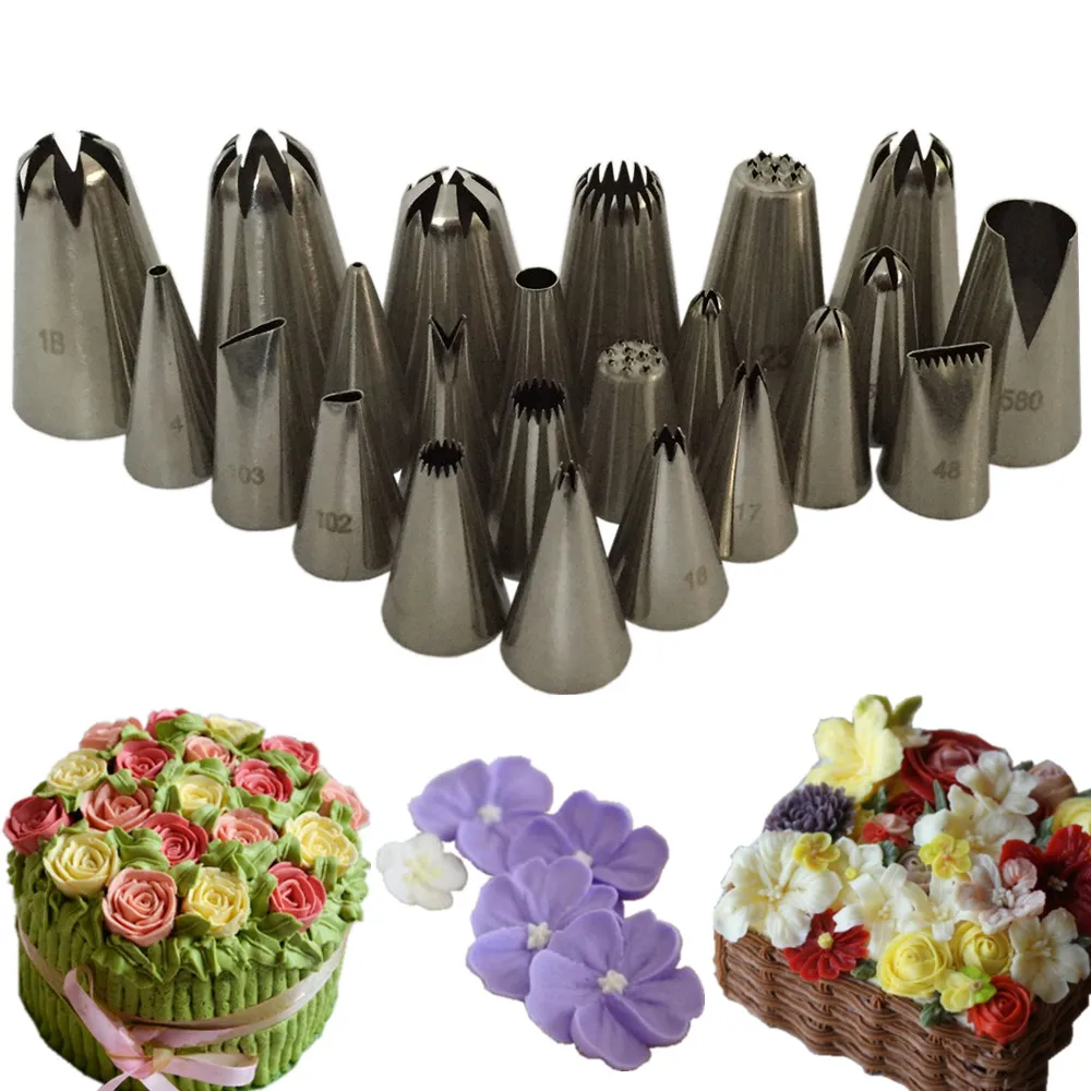 

23pcs Flower Cake Cream Nozzle Stainless Steel Tulip Icing Piping Russian Nozzles Pastry Tips Fondant Decorator Cupcake Sugar