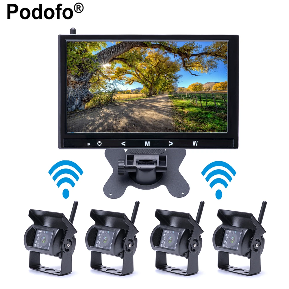 

Podofo Wireless Car Backup Camera 9" HD Monitor & 4 Rear View Camera Reverse Reversing Night Vision Waterproof for Truck Trailer