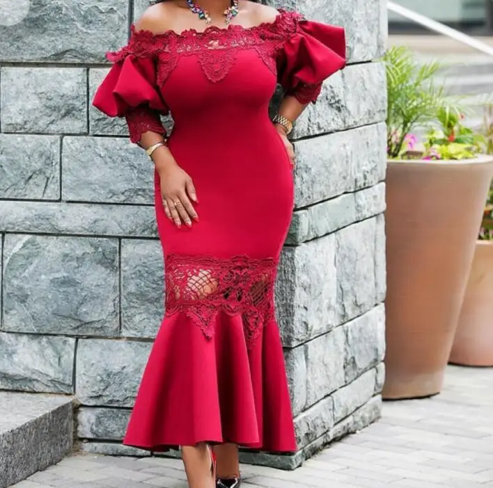 

Mermaid dress Women 2018 Sexy Off shoulder Hollow Out Lace midi Elegant Ladies Evening Party dresses