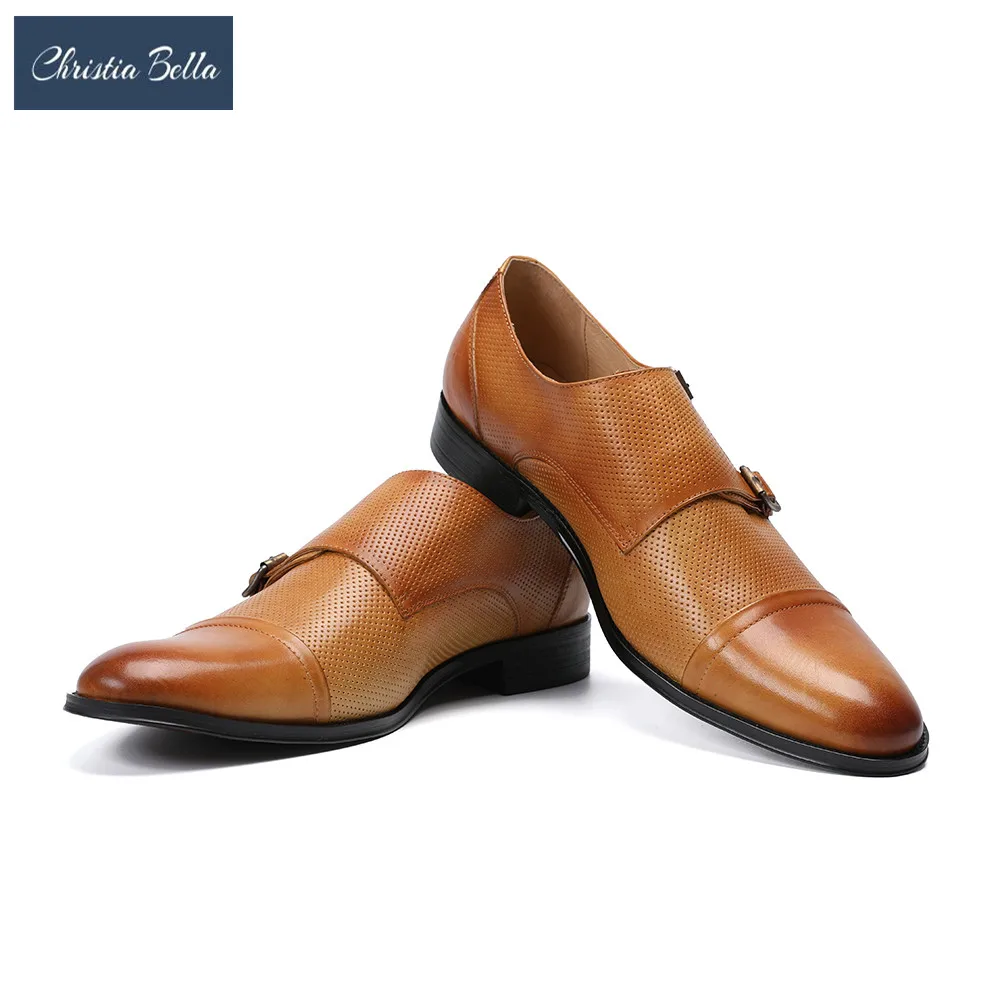 

Christia Bella New Genuine Leather double Buckle Mens Formal Brogue Man Office Party Wedding Slip On Dress Shoes Bullock Oxfords