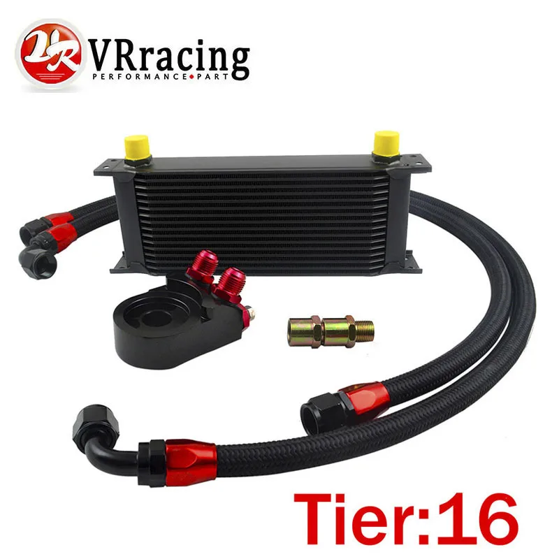 VR Universal 16 ROWS OIL COOLER ENGINE AN10 Oil Filter Cooler Sandwich Plate Adapter Black 2PCS