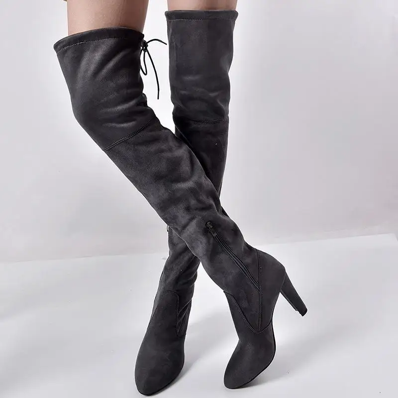 STAN SHARK/Новинка; женские демисезонные теплые сапоги; Сапоги выше колена с острым носком и боковой молнией; эластичные сапоги; женская обувь - Цвет: Темно-серый