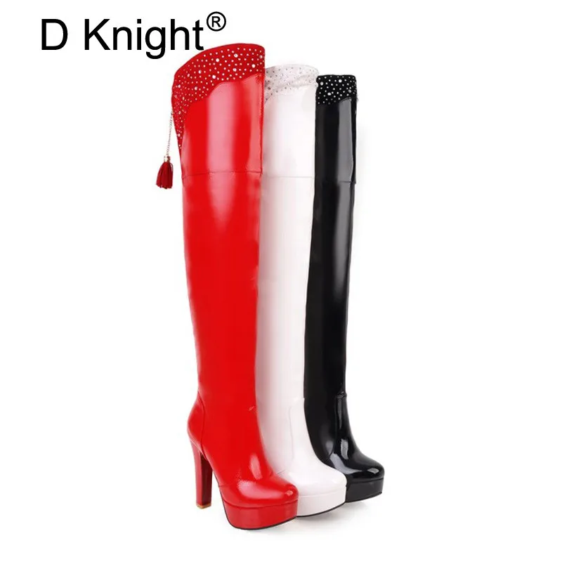 Tassel Rhinestone Thigh High Boots Patent Leather Thick Heels Over-the-Knee Boots Large Size 48 Steel Pole Dance Boots For Women (9)