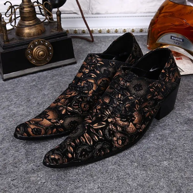 

Plus size 2016 New Formal Brand Genuine Leather High Heels Pointed Toe Oxfords Punk Rock Men's Floral Suede Flats Shoes FPT446