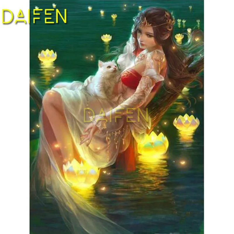 

5D DIY Diamond embroidery Cross stitch Full Square Diamond mosaic lying girl with cat lotus lake Full Round Diamond painting