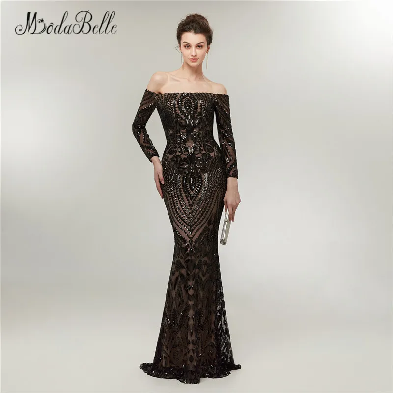 modabelle Boat Neck Saudi Arabia Formal Evening Dresses Long Sleeves Sexy Sequin Black Mermaid