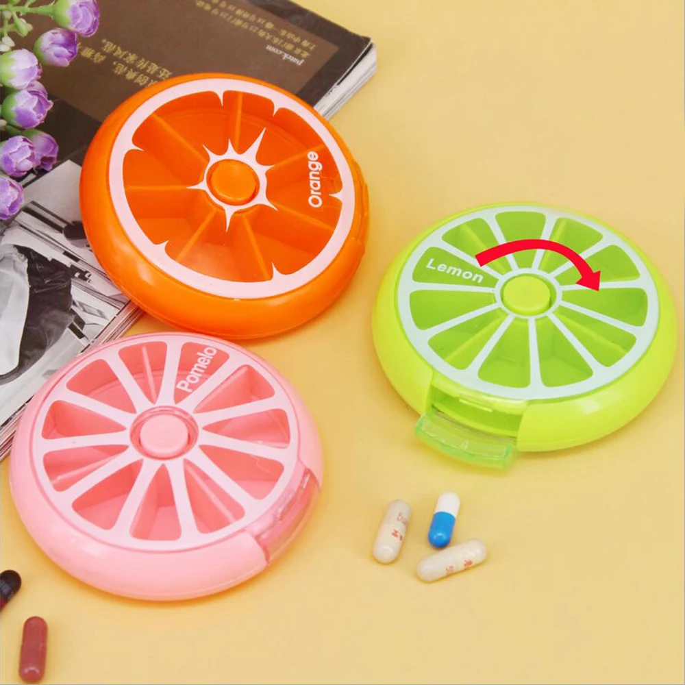 

1PC Fruit Type Portable Travel Container 7 Grid Seal Rotation Storage Box for Vitamin Medicine Pill 9.5cm*2.5cm Colorful 1070C