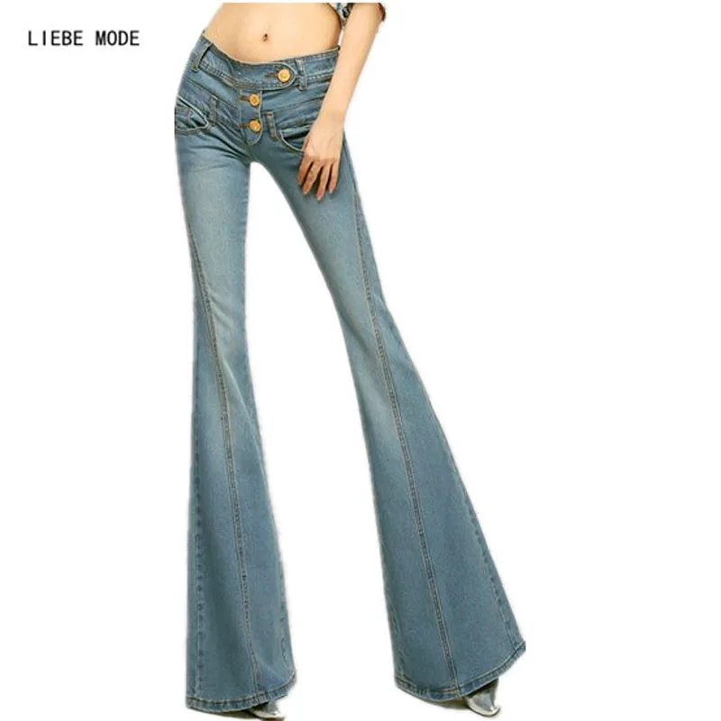 Для женщин s Высокая Талия расклешенные джинсы с кроем для женщин Для женщин широкие расклешенные джинсы пуш-ап обтягивающие джинсы женская мода OL Рабочая джинсовые штаны