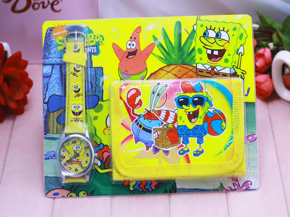 Новые детские комплекты с изображением Губки Боба часы и кошелек наручные кварцевые Рождественский подарок детям Мультяшные часы