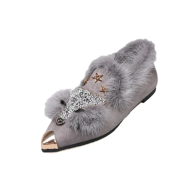 Wertzk на осень-зиму Для женщин обувь высокого качества на меху туфли на плоской подошве острый носок теплые туфли Для женщин Стразы туфли с лисичкой из L311 - Цвет: Серый