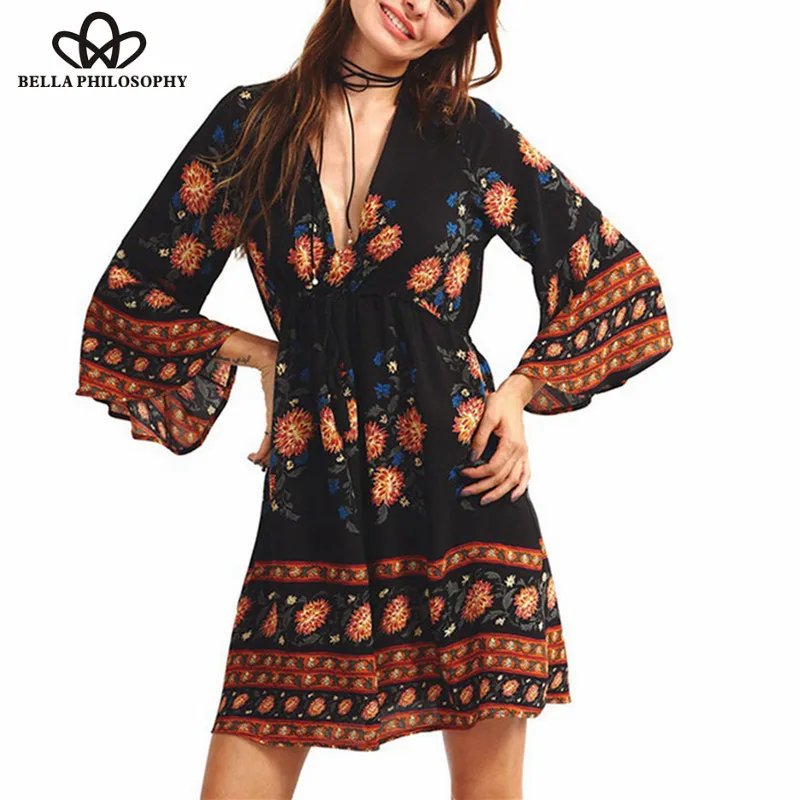 Wonder Spring Women Dress Sexy Deep V-Neck Long Flare Sleeve Mini Dresses Casual Floral Print Boho Dress Feminino Vestidos 2019
