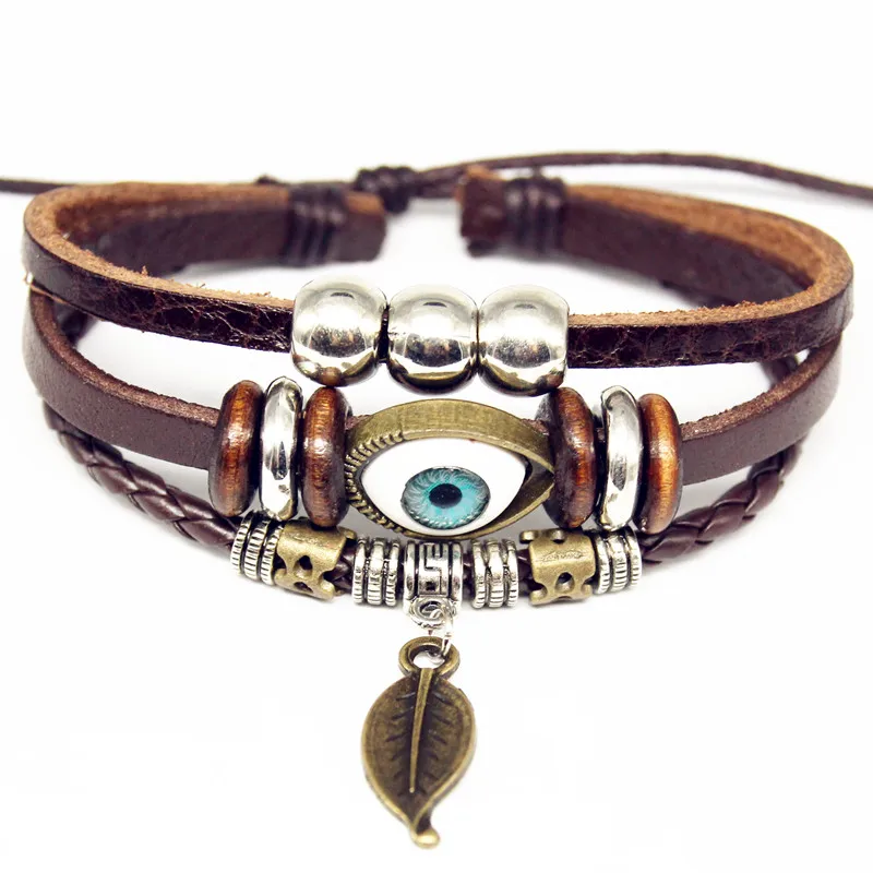 Женский многослойный регулируемый браслет из натуральной кожи|evil eye bracelet|leather