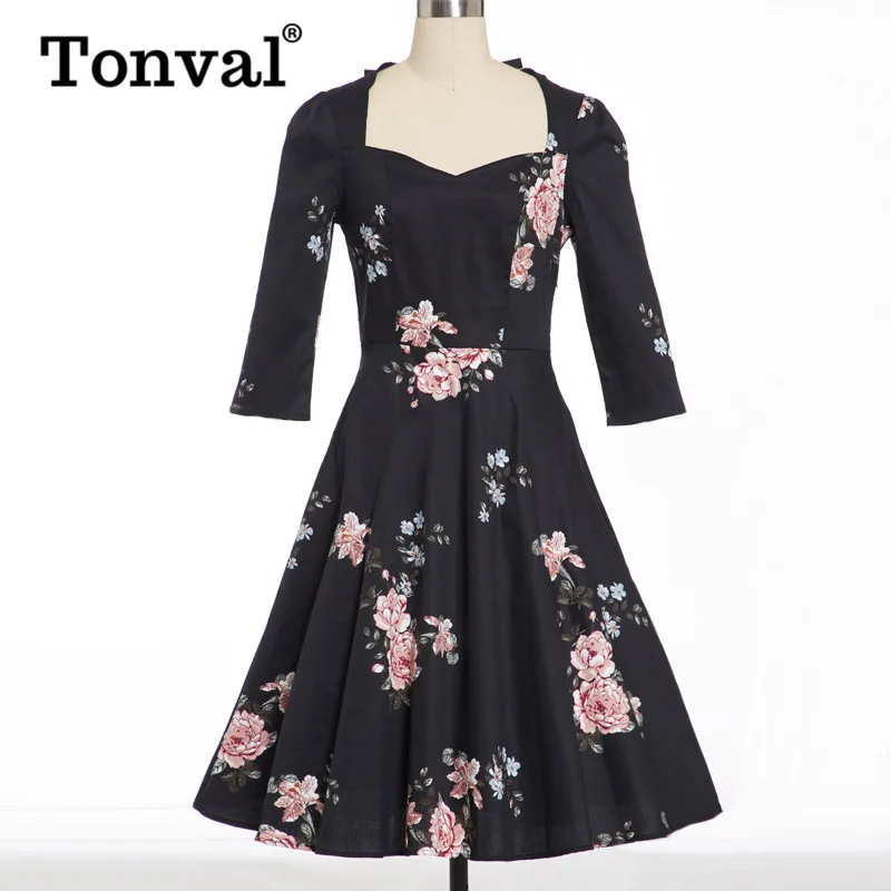 50s sweetheart knot back floral flare dress