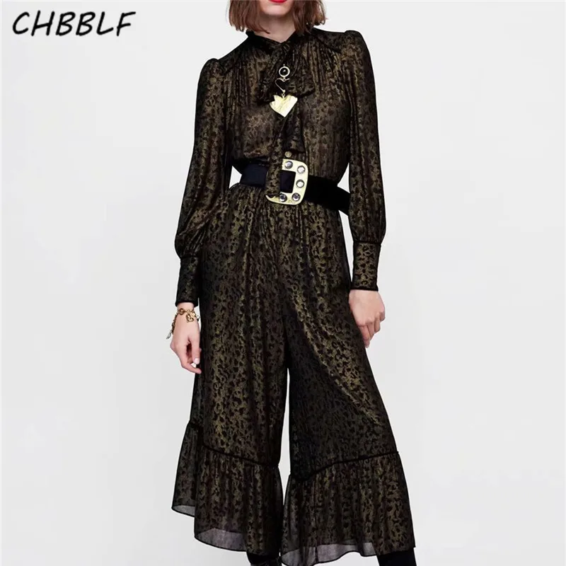 

CHBBLF women elegant print jumpsuits bow tie collar long sleeve rompers ladies casual pockets playsuits WEW5228