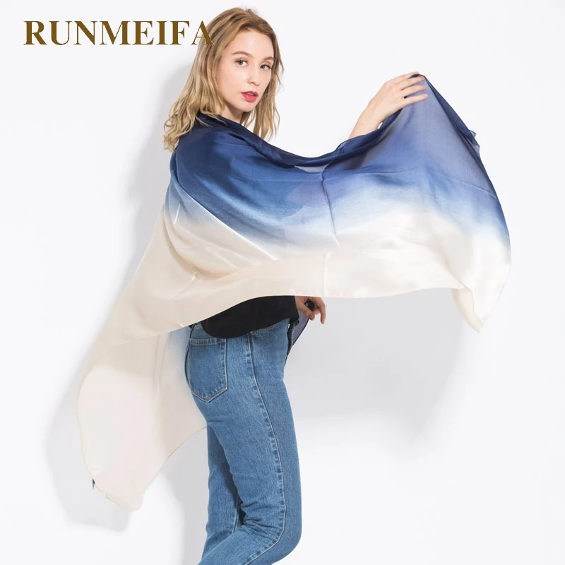 

[RUNMEIFA] New Fashion Silk Scarf Pashmina For Women Spring Autumn Thin Gradient Color Shawl Scarves Hijab Stole foulard soie