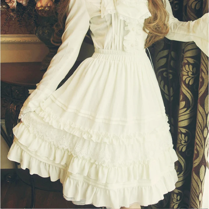 

Spring Autumn Lolita Skirt Women Special Customized Palace Skirt Female Soft Chiffon Lace Cute Dolly High Waist Skirts X024