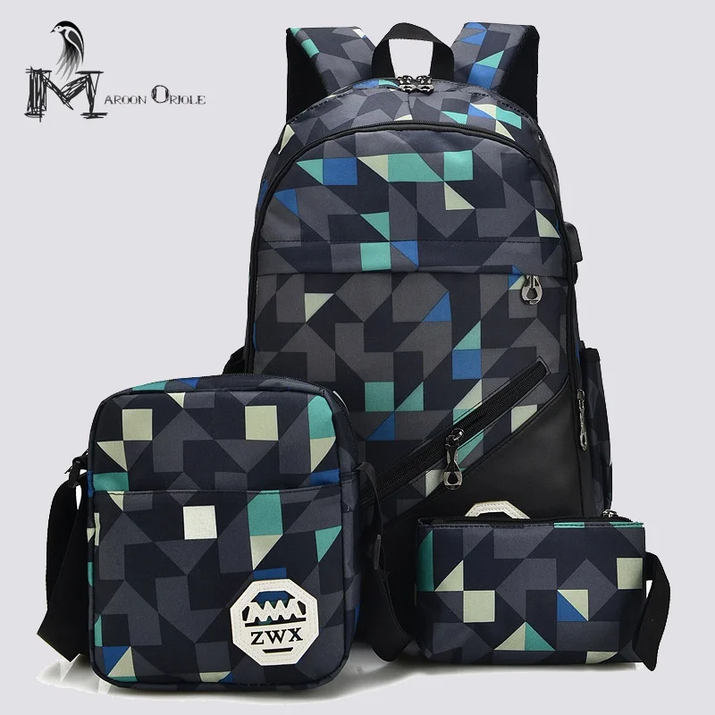 

School bag for teens geometric school bag set for boy 3 in 1 super junior backpack set 3pcs set bag with USB charge bag