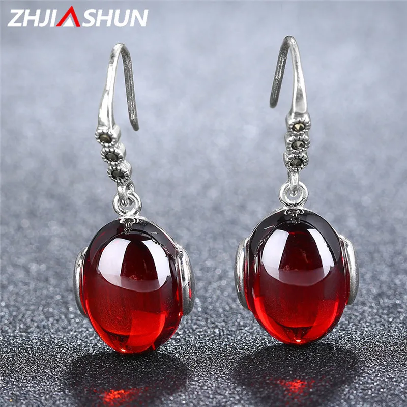 

ZHJIASHUN 925 Sterling Silver Gemstone Garnet Dangle Earrings Vintage Green Yellow Chalcedony Flower Earrings For Women